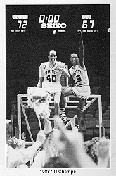 Jeff King and Phil Gamble celebrate UConn's 72-67 victory over Ohio State University in the Championship game of the 1987-88 NIT Tournament.