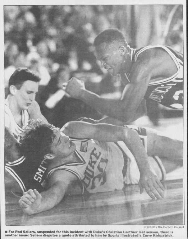 Photo by Brad Clift of The Hartford (CT) Courant of Rod Sellers using his forearm to bounce Christian Laettner's head off the floor during the Midwest Regional semifinal against Duke in the '90-91 NCAA Tournament. (41k jpg) - Caption: For Rod Sellers, suspended for this incident with Duke's Christian Laettner last season, there is another issue: Sellers disputes a quote attributed to him by Sports Illustrated's Curry Kirkpatrick.